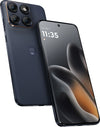 Angled front and rear view of Motorola Edge 70 Fusion 5G in Pantone Silhouette highlighting its curved screen and slim design