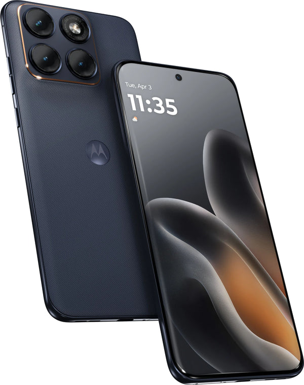 Angled front and rear view of Motorola Edge 70 Fusion 5G in Pantone Silhouette highlighting its curved screen and slim design