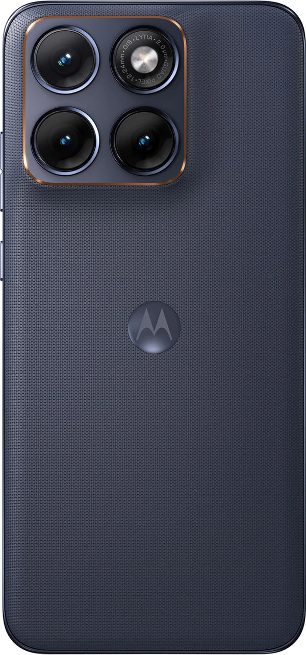 Rear view of Motorola Edge 70 Fusion 5G in Pantone Silhouette showing its dark fabric-inspired finish and camera module