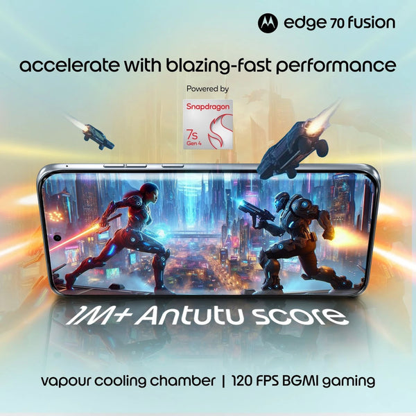 Motorola Edge 70 Fusion 5G gaming graphic showcasing fast Snapdragon 7s Gen 4 performance and smooth, responsive mobile gameplay