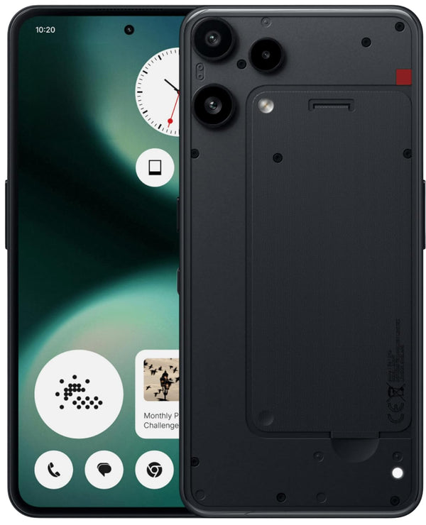 Nothing Phone (3a) Lite 5G in Black shown from the front and rear, featuring a transparent glass design, triple rear cameras and Nothing OS display