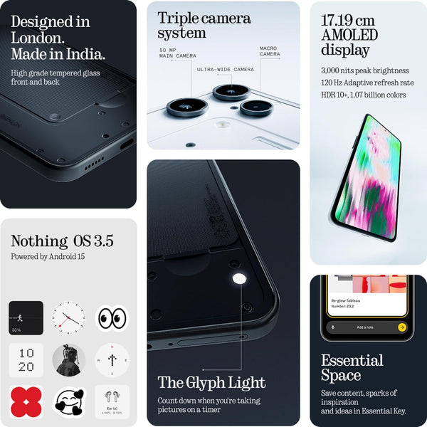 Nothing Phone (3a) Lite 5G feature overview highlighting its transparent design, triple-camera system, Glyph Light and Nothing OS experience