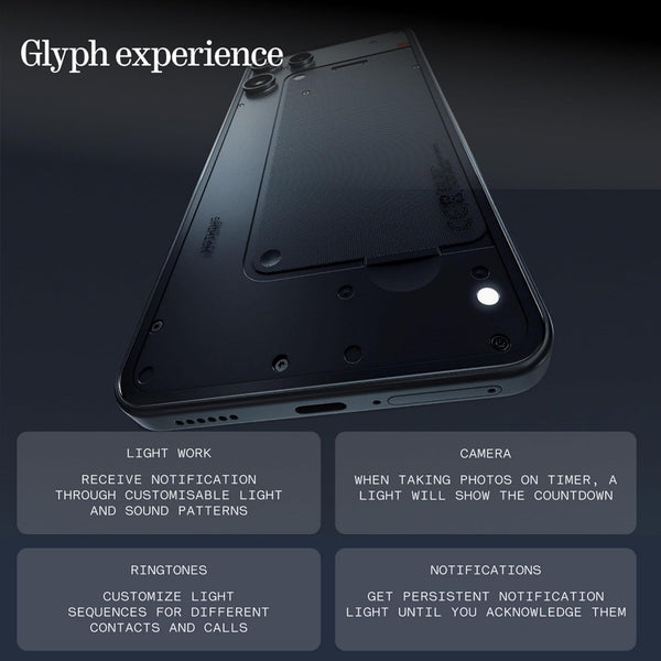 Nothing Phone (3a) Lite in Black showing the rear Glyph Light for calls, notifications, camera countdown and Flip to Glyph functions