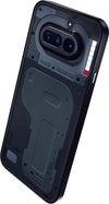 Angled rear view of Nothing Phone (4a) 5G in Black, showing its transparent back panel, horizontal camera housing, rounded frame and distinctive Nothing design elements.