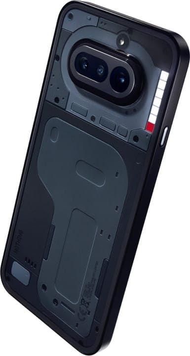 Angled rear view of Nothing Phone (4a) 5G in Black, showing its transparent back panel, horizontal camera housing, rounded frame and distinctive Nothing design elements.