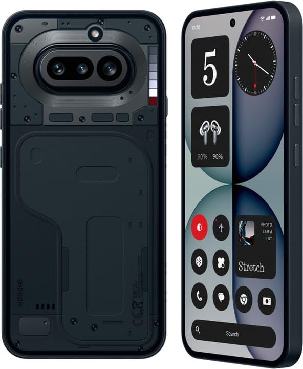 Nothing Phone (4a) 5G in Black shown from the front and rear, featuring its transparent glass back, horizontal three-camera system, centred punch-hole display and Nothing OS interface.