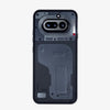 Straight rear view of Nothing Phone (4a) 5G in Black, highlighting its transparent glass back, three-camera module, red design accent and symmetrical body construction.