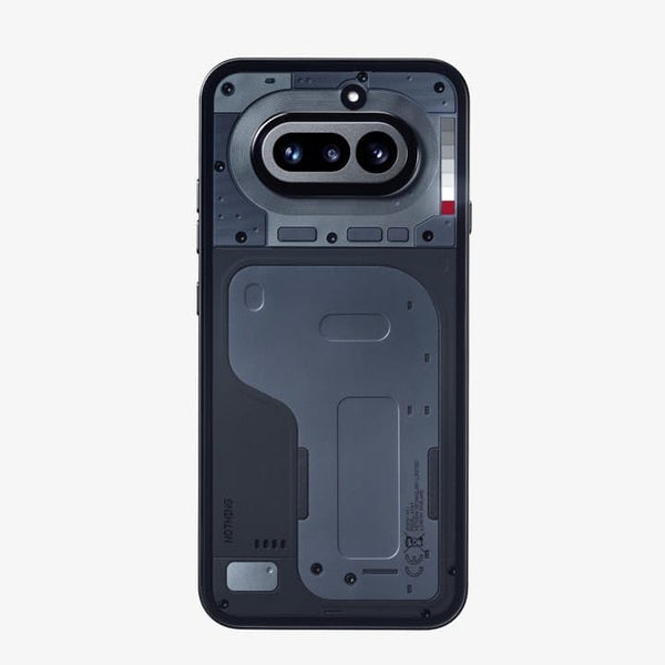 Straight rear view of Nothing Phone (4a) 5G in Black, highlighting its transparent glass back, three-camera module, red design accent and symmetrical body construction.