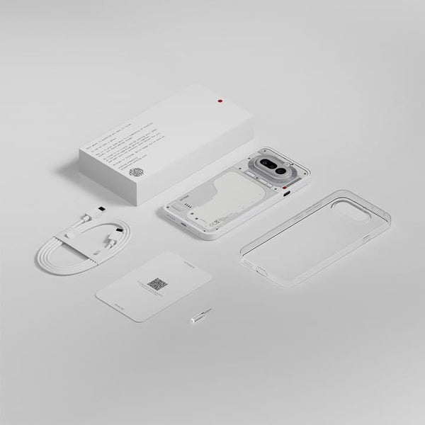 Nothing Phone (4a) 5G retail box contents displayed in an exploded layout, including the handset, protective case, USB-C cable, SIM ejector tool and documentation.