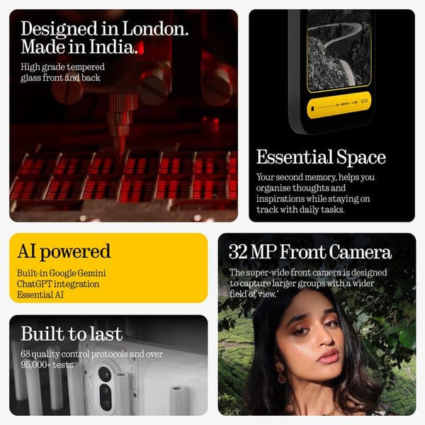 Nothing Phone (4a) 5G highlights graphic featuring its London-inspired design, Essential AI tools, Essential Space, durable construction and high-resolution front camera.