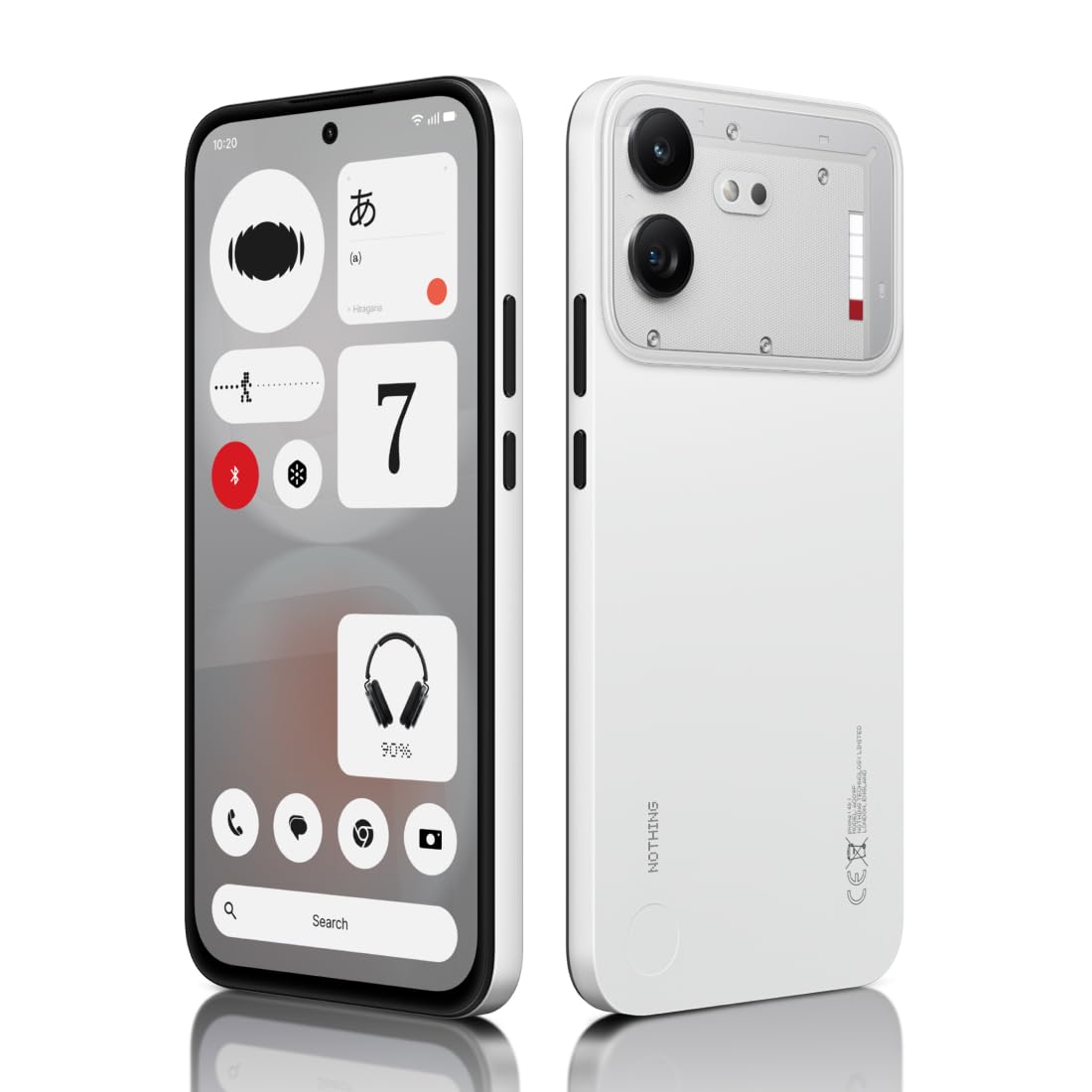 Nothing Phone (4b) 5G in White shown from the front and rear, featuring a soft-touch unibody, transparent camera detailing, dual rear cameras and Nothing OS display
