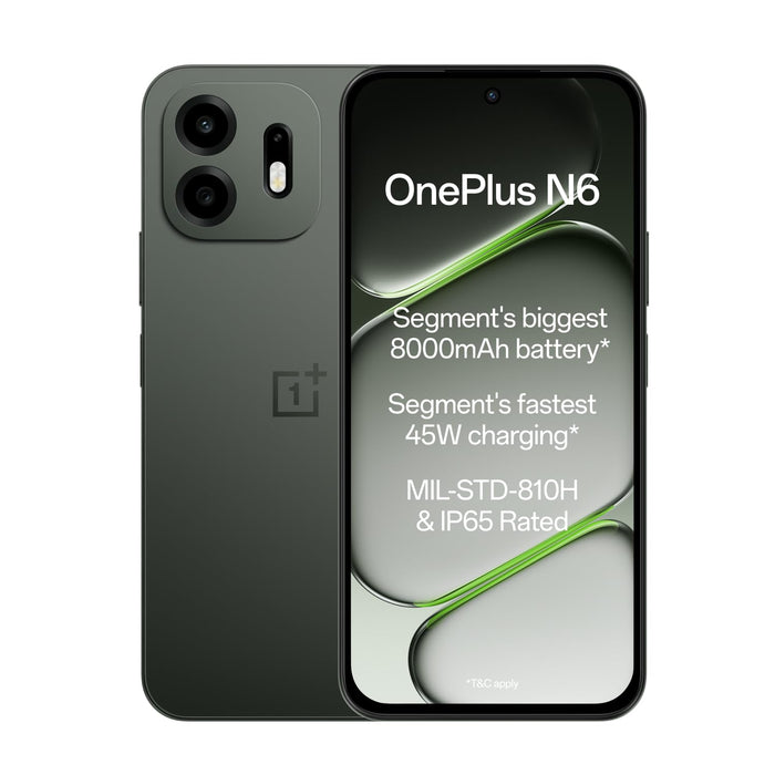 OnePlus N6 5G in Midnight Green shown from the front and rear in the main promotional image.