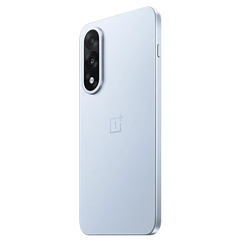 Angled rear view of OnePlus Nord 5 5G in Dry Ice showcasing its slim frame, rounded edges and premium camera design