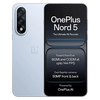 OnePlus Nord 5 5G in Dry Ice shown from the front and rear, featuring a 144Hz AMOLED display, dual rear cameras and light blue finish