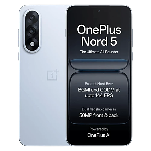 OnePlus Nord 5 5G in Dry Ice shown from the front and rear, featuring a 144Hz AMOLED display, dual rear cameras and light blue finish