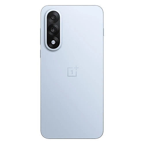 Rear view of OnePlus Nord 5 5G in Dry Ice highlighting its minimalist light blue finish, OnePlus logo and vertically aligned camera module