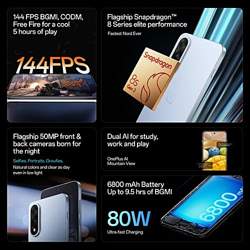 OnePlus Nord 5 5G feature collage highlighting Snapdragon 8s Gen 3 performance, 144 FPS gaming, 50MP front and rear cameras, AI tools and 6800mAh battery