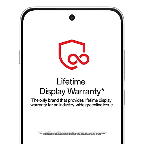 OnePlus Lifetime Display Warranty graphic covering eligible green-line screen issues, subject to parts availability and service-centre terms