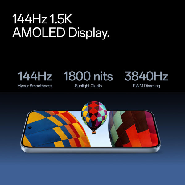 OnePlus Nord CE6 5G display graphic featuring a 144Hz 1.5K AMOLED screen, 1800-nit brightness and high-frequency PWM dimming