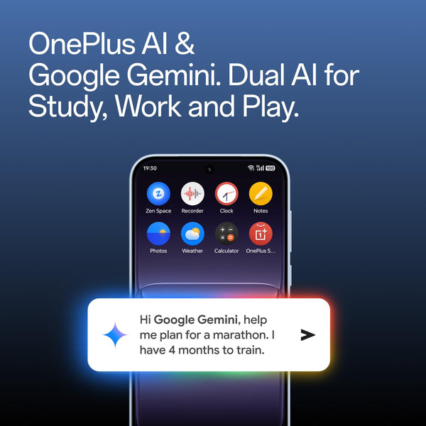 OnePlus Nord CE6 5G AI graphic showcasing OnePlus AI and Google Gemini tools designed for studying, working, creativity and everyday assistance