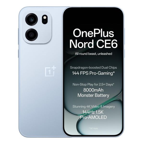 OnePlus Nord CE6 5G in Fresh Blue shown from the front and rear, featuring a 1.5K AMOLED display, dual rear cameras and matte sky finish