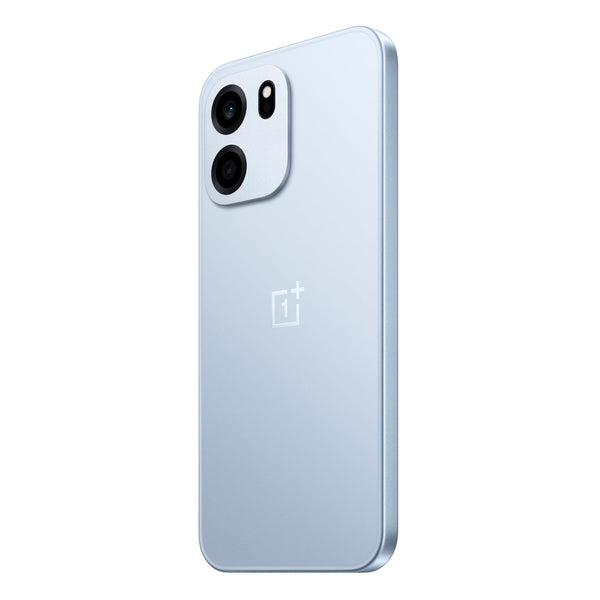 Angled rear view of OnePlus Nord CE6 5G in Fresh Blue highlighting its matte finish, OnePlus logo and dual-camera design