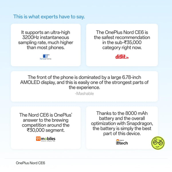OnePlus Nord CE6 5G media-review graphic featuring technology publication highlights about its battery, display, cameras and performance