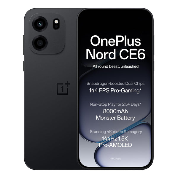 OnePlus Nord CE6 5G in Pitch Black shown from the front and rear with a low-reflection finish, dual cameras and 1.5K AMOLED display