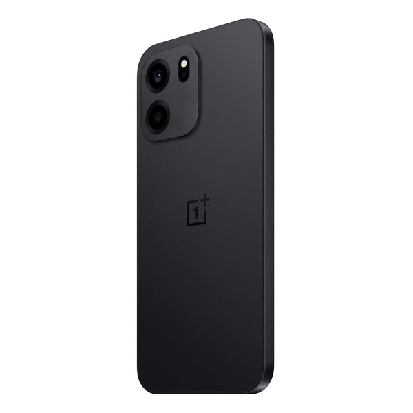 Angled rear view of OnePlus Nord CE6 5G in Pitch Black highlighting its dark matte finish and dual-camera module