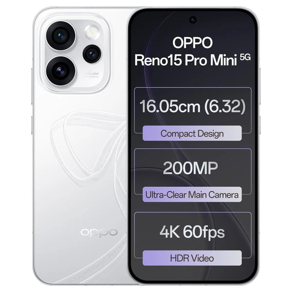 OPPO Reno15 Pro Mini 5G Glacier White front and rear view with key features | Parvez Mobile Master