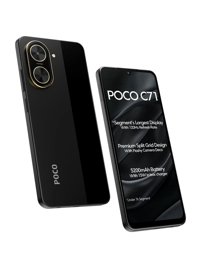 POCO C71 4G in Power Black shown from the front and rear with its large display and vertical dual-camera design.