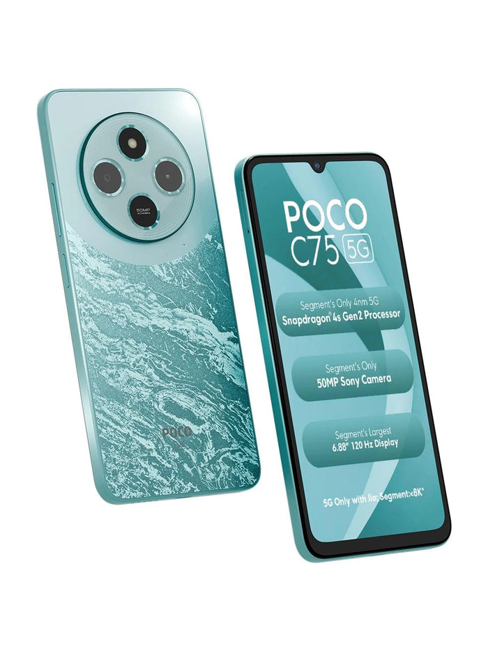 POCO C75 5G in Aqua Blue shown from the front and rear with its marble-flow back design and circular camera module.