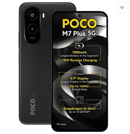 POCO M7 Plus 5G Carbon Black front and back view with 7000mAh battery, 6.9-inch display and Snapdragon processor