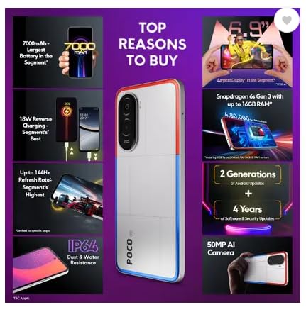 POCO M7 Plus 5G overview with 7000mAh battery, 144Hz display, Snapdragon processor, IP64 and 50MP camera