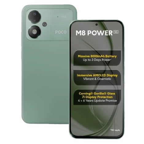 POCO M8 Power 5G in Green shown from the front and back