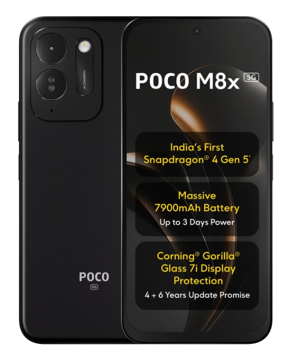 POCO M8x 5G Black front and back with Snapdragon 4 Gen 5, 7900mAh battery and Gorilla Glass 7i