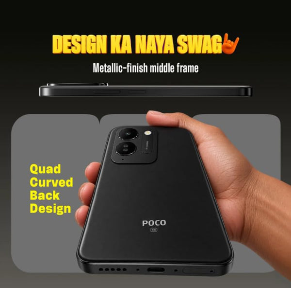 POCO M8x 5G Black quad-curved back design with metallic-finish middle frame