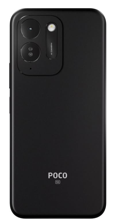 POCO M8x 5G Black rear view showing dual-camera module and POCO logo