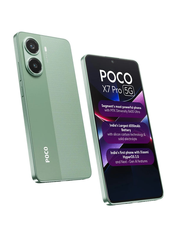 POCO X7 Pro 5G Nebula Green front and back view with dual rear cameras