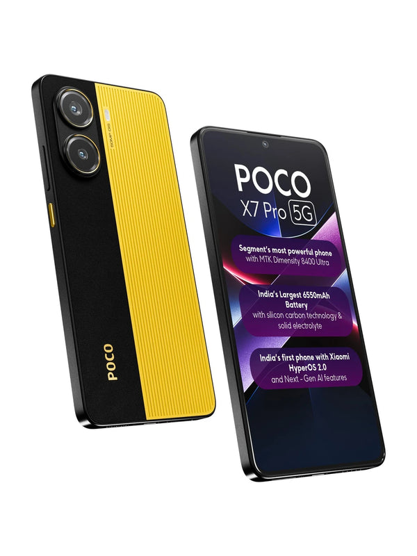 POCO X7 Pro 5G Yellow front and back view with dual-texture rear design