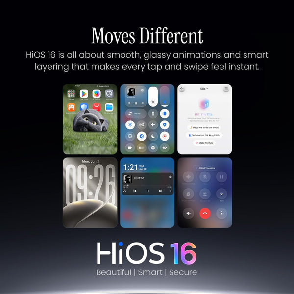 TECNO POVA Curve 2 5G HiOS 16 interface with home screen, quick settings and AI features