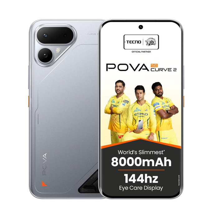 TECNO POVA Curve 2 5G in Melting Silver, front and rear view with 8000mAh battery and 144Hz display