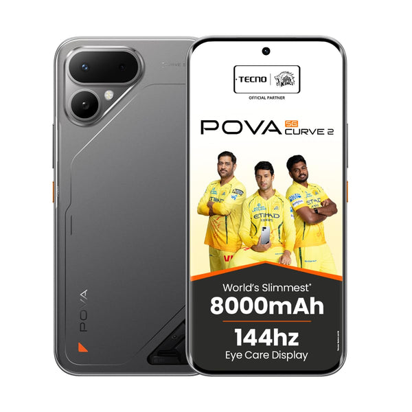 TECNO POVA Curve 2 5G in Storm Titanium Black, front and rear view with 8000mAh battery and 144Hz display